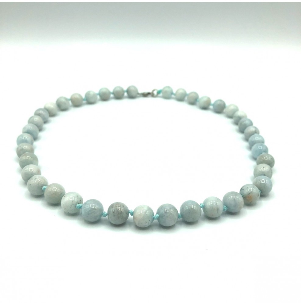 Collier En Aigue-marine Naturelle Avec Pendentif Nœud Bleu - Chaîne 48 Cm, Pierres 10 Mm