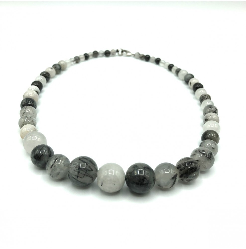 Collier Quartz à inclusion de tourmaline pierres boules dégradées