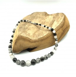 Collier Quartz à inclusion de tourmaline pierres boules dégradées