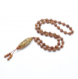 Agate Dzi Tibetain Collier Perles Naturelles Khaki 01C