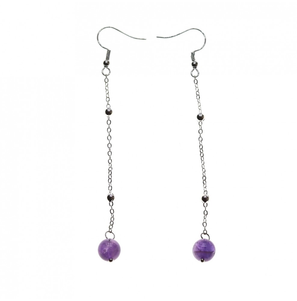 Boucles D'Oreilles Pendantes En Améthyste Naturelle - Pierre Violette Sur Support Acier Inoxydable