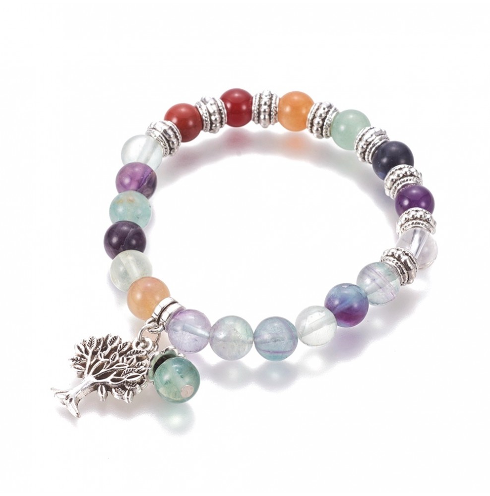 Bracelet Multi-rang Bleu Clair Avec Breloque Arbre De Vie - Élastique, Ajustable - Style Bohème - Neuf
