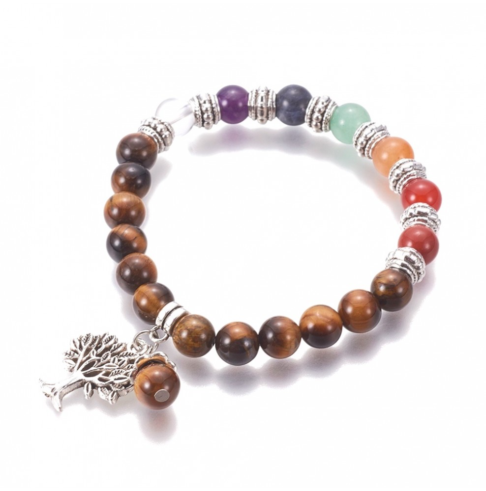 Oeil de Tigre & 7 Chakras 8mm Bracelet Arbre de Vie Elastique