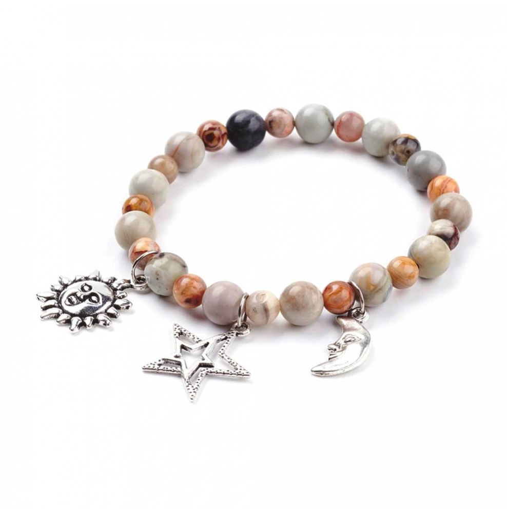 Agate Crazy Lace & Jaspe Picasso AB 6 & 8mm Bracelet Elastique 3 Breloques