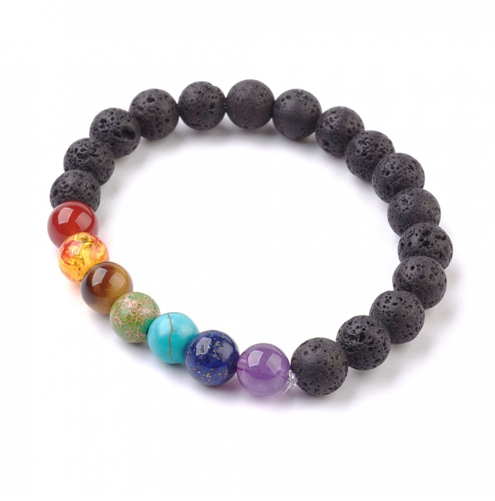 HEDQFM Lot De 2 Bracelets 7 Chakras En Pierre De Lave - Diffuseur D'Huiles Essentielles, Aromathérapie Yoga, Homme/Femme